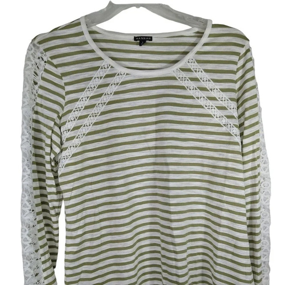 Hannah Jersey Knit Top T-Shirt Women Size L Green Stripe with Lace Sleeve - Picture 1 of 6